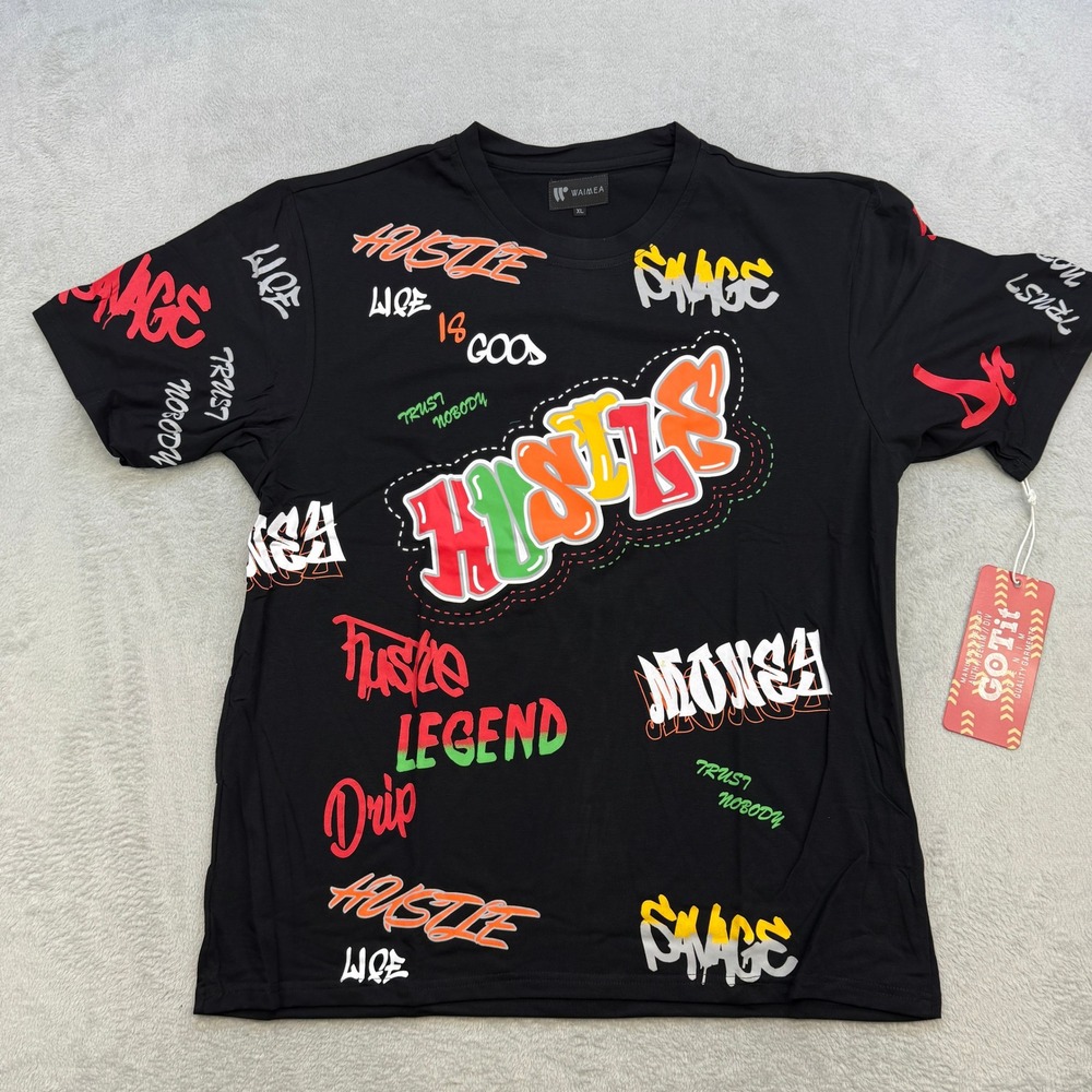 Waimea Graphic T Shirt Mens XL Black Hustle Savage‎ Graffiti All Over Print New